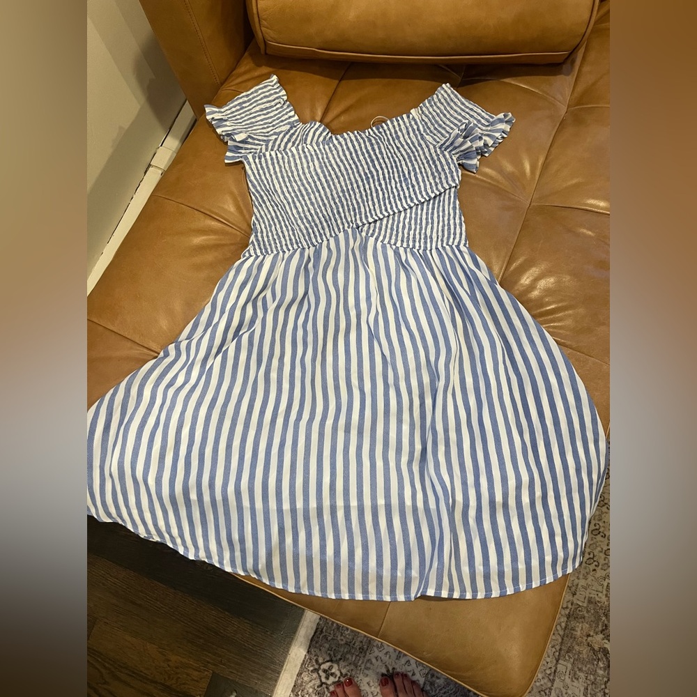 Blue and White Striped Off-Shoulder Lined Dress